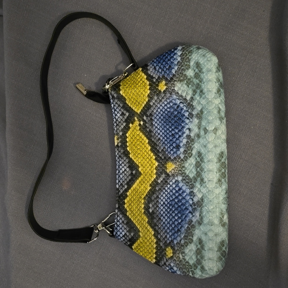 3/$20. Snake-Print Mini Shoulder Bag in Blue, Green & Yellow - Picture 2 of 4